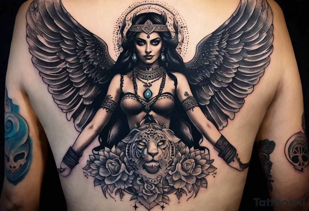 black kali, goddess pirate, alien, angel, pachamama, valkrye, warrior, flying, skull, lotus azul, wing, eagle, zenza resonance, stars, 5D, anahata chakra, death, durga, riding on a tiger, flying lady, chest tatoo tattoo idea