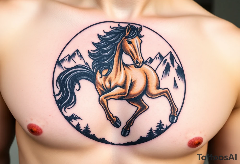 A golden mustang horse with black mane and legs, captured in motion inside a circle. The mountains and nature should frame the design, blending with the horse's black fur as a base to represent the landscape. Experiment with using the black fur to shape the mountains, playing with edges or interior details. tattoo idea