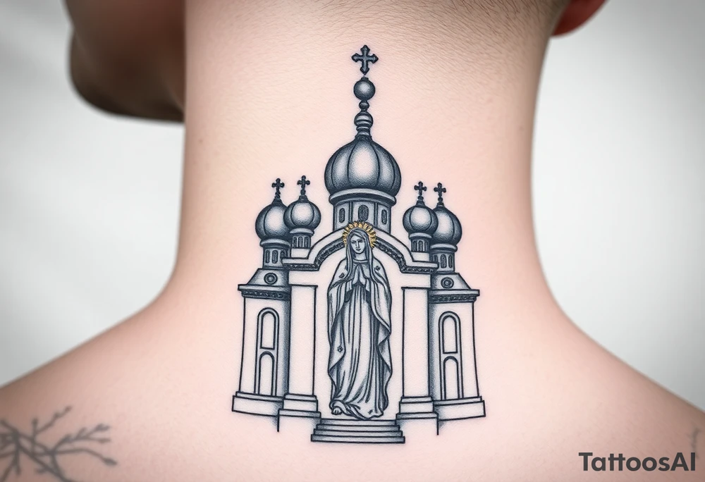 medium sized Russian orthodox church with bulb domes with a prominent russian orthodox style virgin mary stood tattoo idea