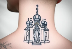 medium sized Russian orthodox church with bulb domes with a prominent russian orthodox style virgin mary stood tattoo idea