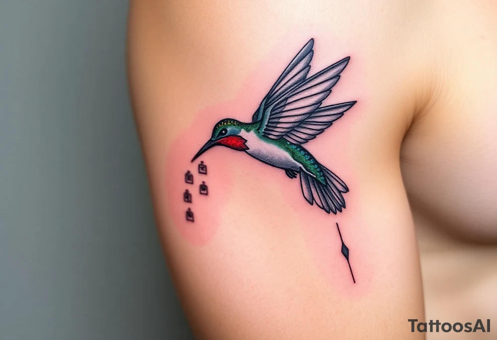 A hummingbird leaving a trail of glowing hieroglyphs as it flies(only red , blue and black are possible colors) tattoo idea