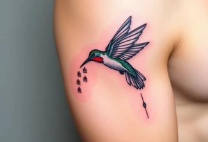 A hummingbird leaving a trail of glowing hieroglyphs as it flies(only red , blue and black are possible colors) tattoo idea