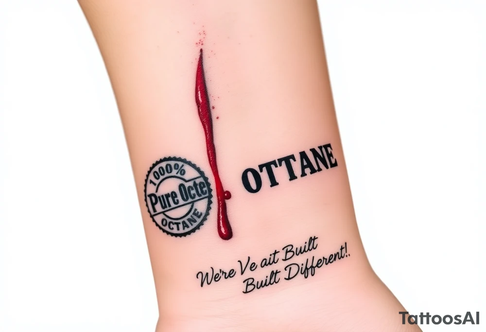 A 6” slit, with blood dripping out, with a “100% Pure Octane” stamp near the blood, and the words, “We’re Built Different!”, underlined by the 6” slit. tattoo idea