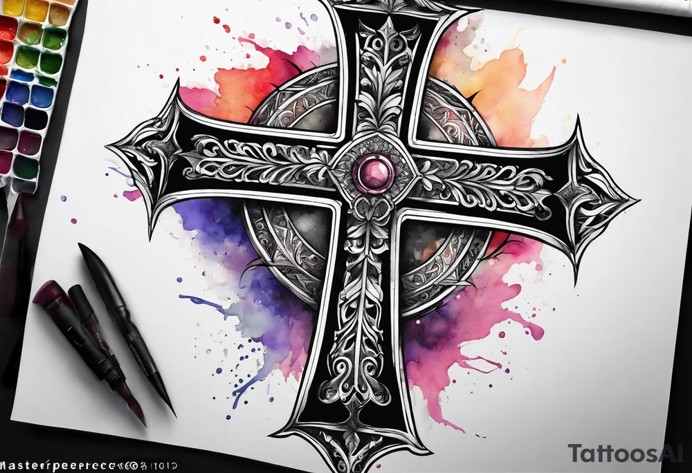 cross with watercolor backgound tattoo idea