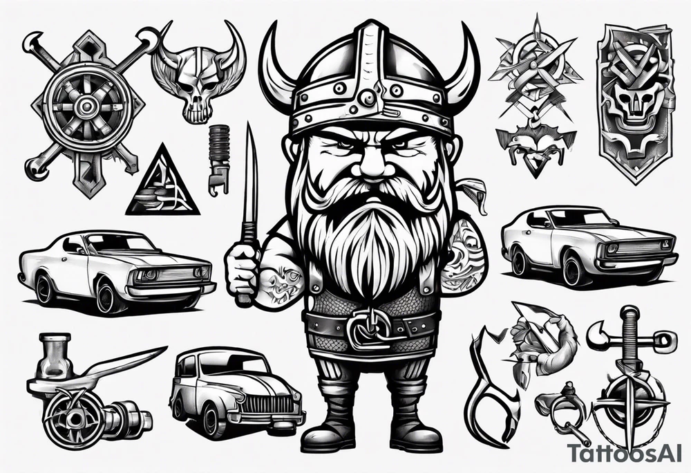 Viking mechanic fixing a car tattoo idea