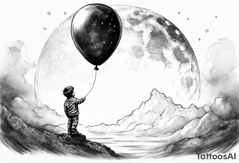 Child standing on the moon with his back to you. Holding a balloon on 1 site and holding air the other side tattoo idea