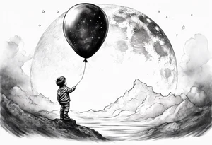 Child standing on the moon with his back to you. Holding a balloon on 1 site and holding air the other side tattoo idea