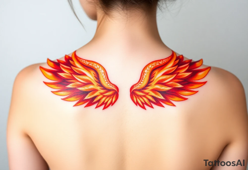 A pair of wings made from fire flames, transitioning from deep red at the base to golden yellow at the tips, symbolizing strength and courage. tattoo idea
