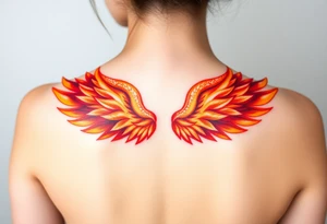 A pair of wings made from fire flames, transitioning from deep red at the base to golden yellow at the tips, symbolizing strength and courage. tattoo idea