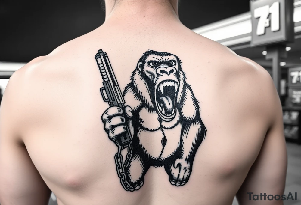 Someone standing in from of 7/11 with a gun and in the other hand is a chain with a gorilla at the end of it he’s angry mouth open and giant teeth tattoo idea