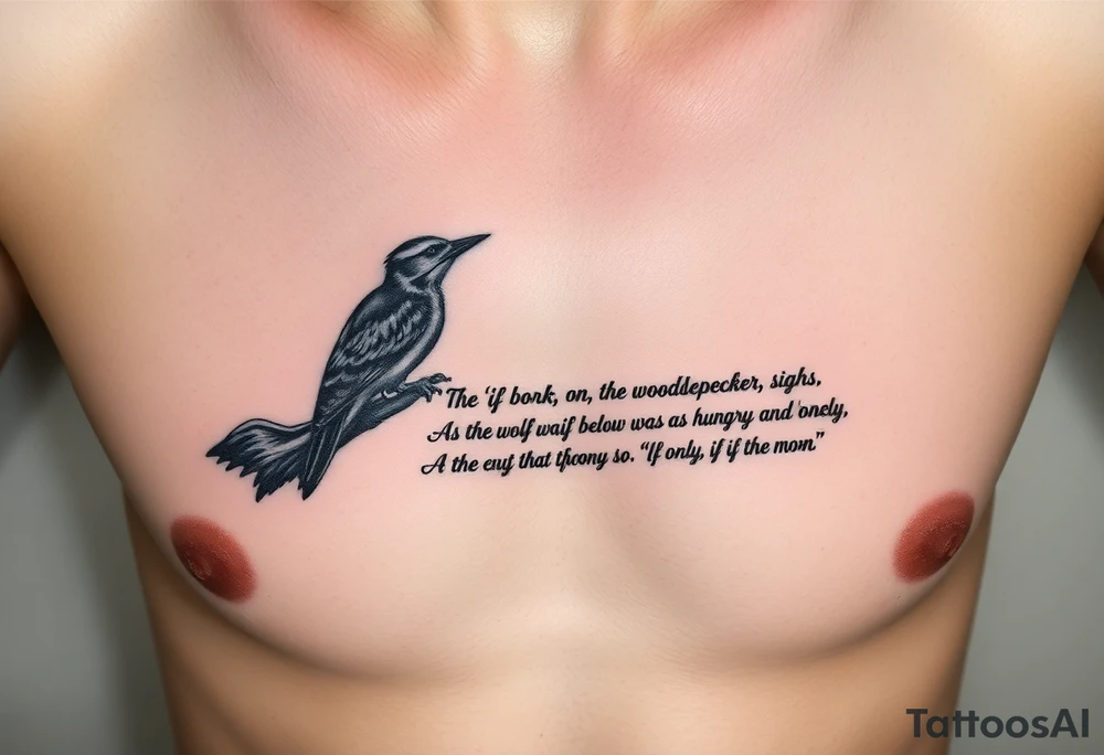 “"If only, if only," the woodpecker sighs,

The bark on the tree was as soft as the sky.

As the wolf waits below, so hungry and lonely,

He cries to the moon, "If only, if only."” 
written as a tattoo on rib cage tattoo idea