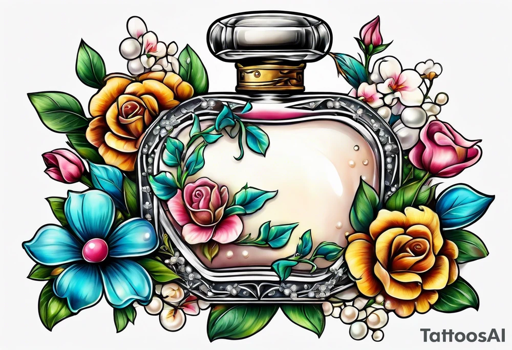 Pearl necklace wrapped around 1950s perfume bottle with flowers and bows surrounding tattoo idea