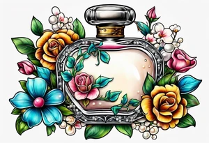 Pearl necklace wrapped around 1950s perfume bottle with flowers and bows surrounding tattoo idea