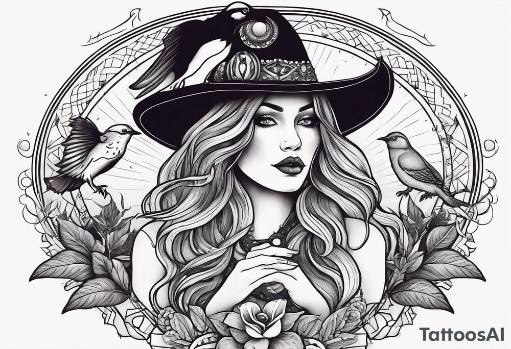 witch woman with gypsy and dove symbols, honoring the sacred feminine. mushroom, marijuana, uterus and witchcraft symbols tattoo idea