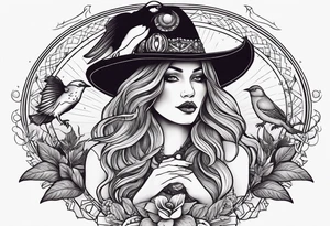 witch woman with gypsy and dove symbols, honoring the sacred feminine. mushroom, marijuana, uterus and witchcraft symbols tattoo idea