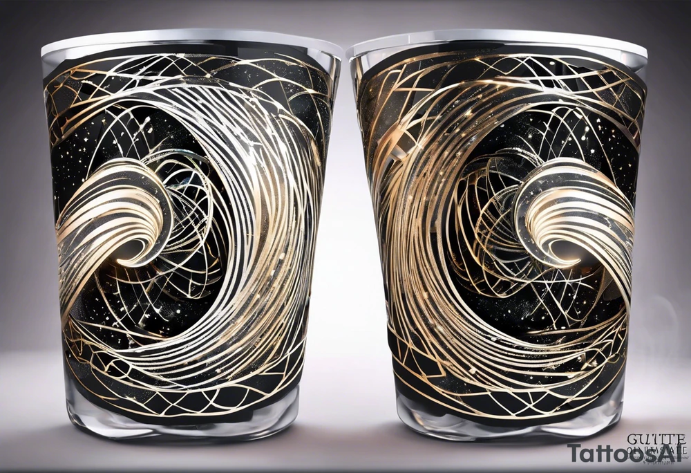 Design a captivating tattoo that embodies the concept of wave-particle duality. Imagine an elegant luminescent ribbon winding around the skin, pulsing with energy. The ribbon should hint at both wave-like undulations and the presence of subatomic particles. Incorporate miniature quantum gates opening and closing within the ribbon, bridging the quantum and cybernetic realms. tattoo idea