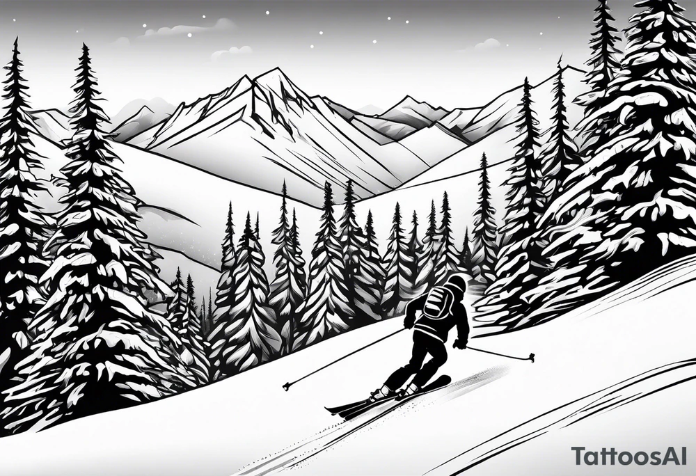 snow skier coming down mountain with large trees tattoo idea