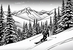 snow skier coming down mountain with large trees tattoo idea