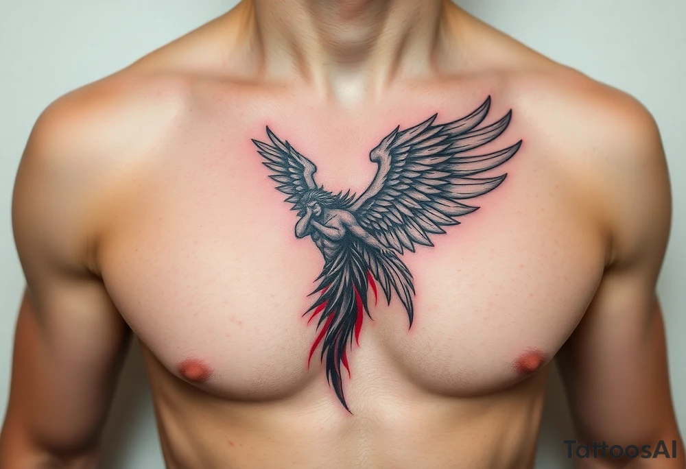 Angel black and red on left chest male tattoo idea