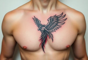 Angel black and red on left chest male tattoo idea