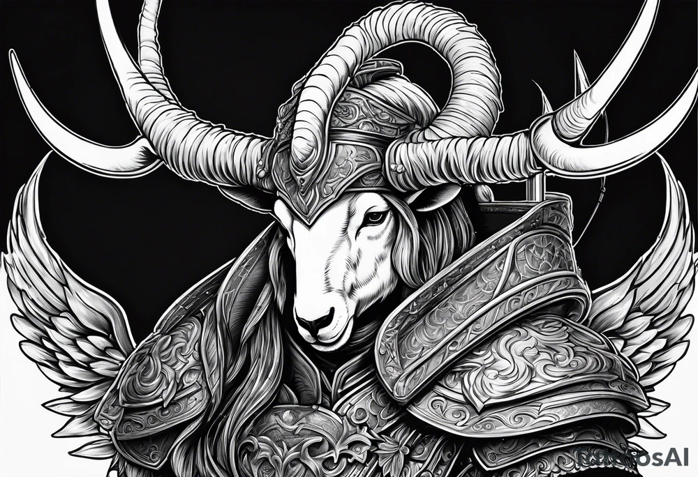 fishing, ram's horns, knight's head, angel tattoo idea