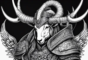 fishing, ram's horns, knight's head, angel tattoo idea
