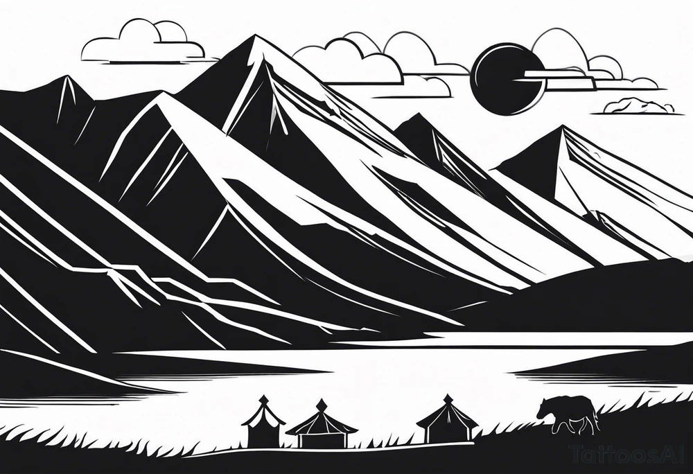 mountains, road, lake, yurt, sun, kyrgyzstan tattoo idea