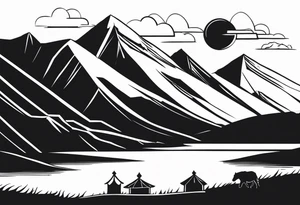 mountains, road, lake, yurt, sun, kyrgyzstan tattoo idea