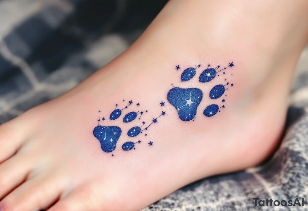 Constellation Paw Prints – Star-like dots connected in the shape of cat paws, done in midnight blue and white ink, mapping your celestial bond. tattoo idea