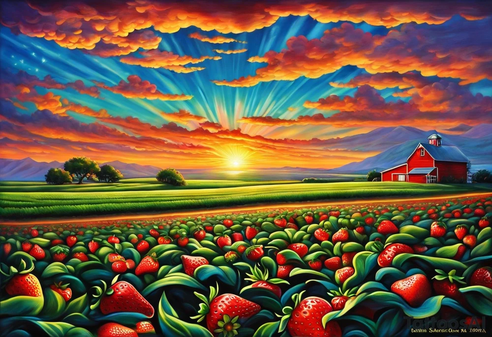 Tattoo of my hometown of Oxnard, CA
Tattoo must have strawberry fields meeting with ocean
Tattoo must have Oxnard coordinates
34.2236192,-119.1310264
Add in the sun on top of the fields/ocean
No barn house, add a Gondola style plaza tattoo idea
