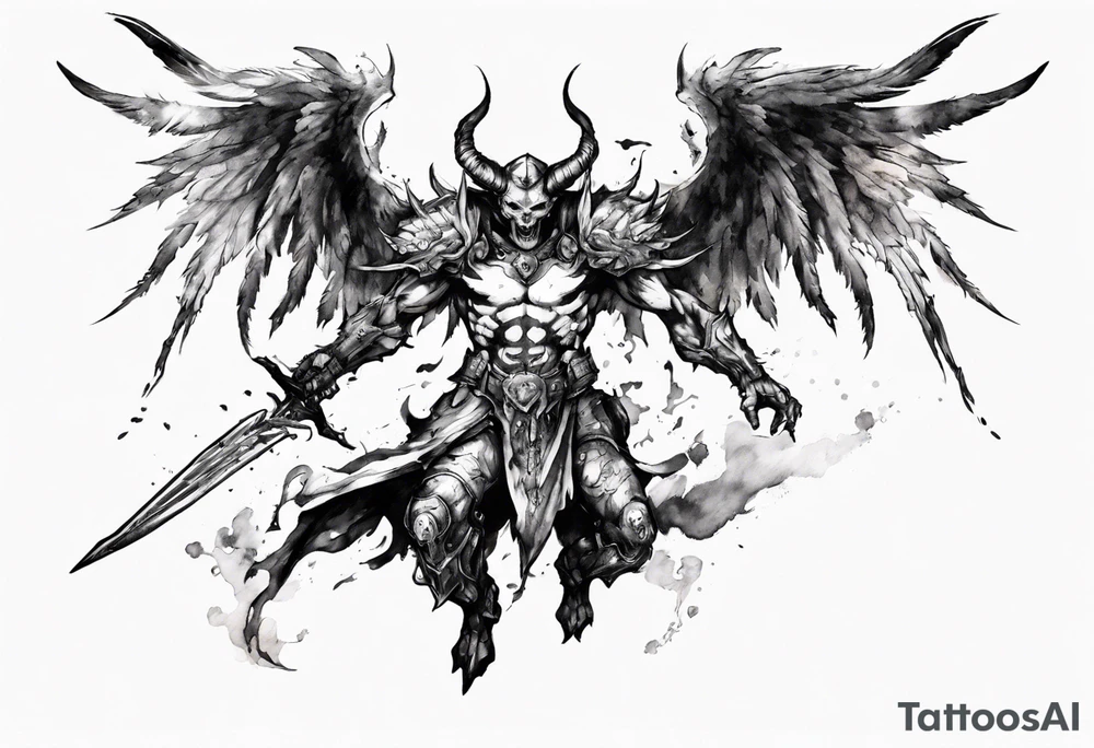 A demon angel wearing inorganic armor that is in mid-air with his weapon behind about to attack. tattoo idea