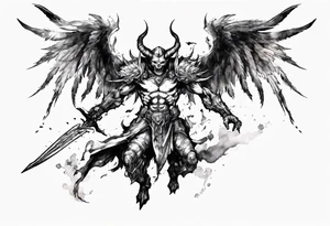 A demon angel wearing inorganic armor that is in mid-air with his weapon behind about to attack. tattoo idea