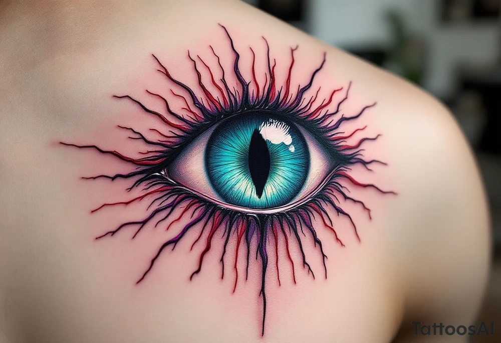 A vividly surreal eyeball tattoo inked directly onto the sclera (white of the eye), featuring a glowing turquoise iris with a black vertical slit pupil, radiating thin blood-red and violet capillary-like lines outward across the eye for a striking, otherworldly appearance. tattoo idea