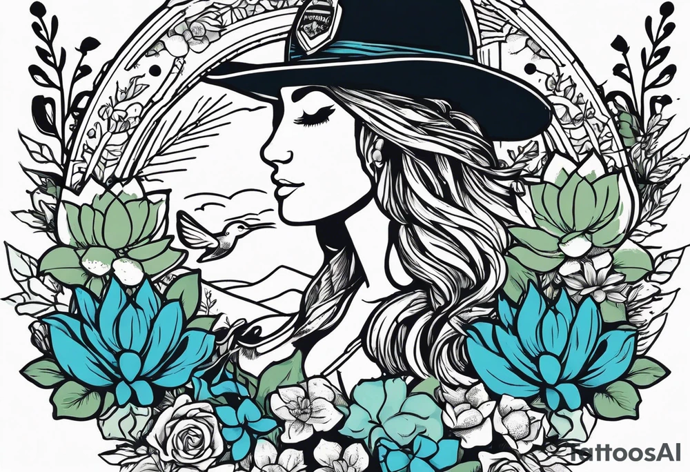 Half sleeve with blue bonnet, humming bird, succulents, sunflower, state of Texas outline, RN caduceus, small needle with thread, small baseball, small police badge, small sailor hat, small paint palette, initials KBM, initials KJM tattoo idea