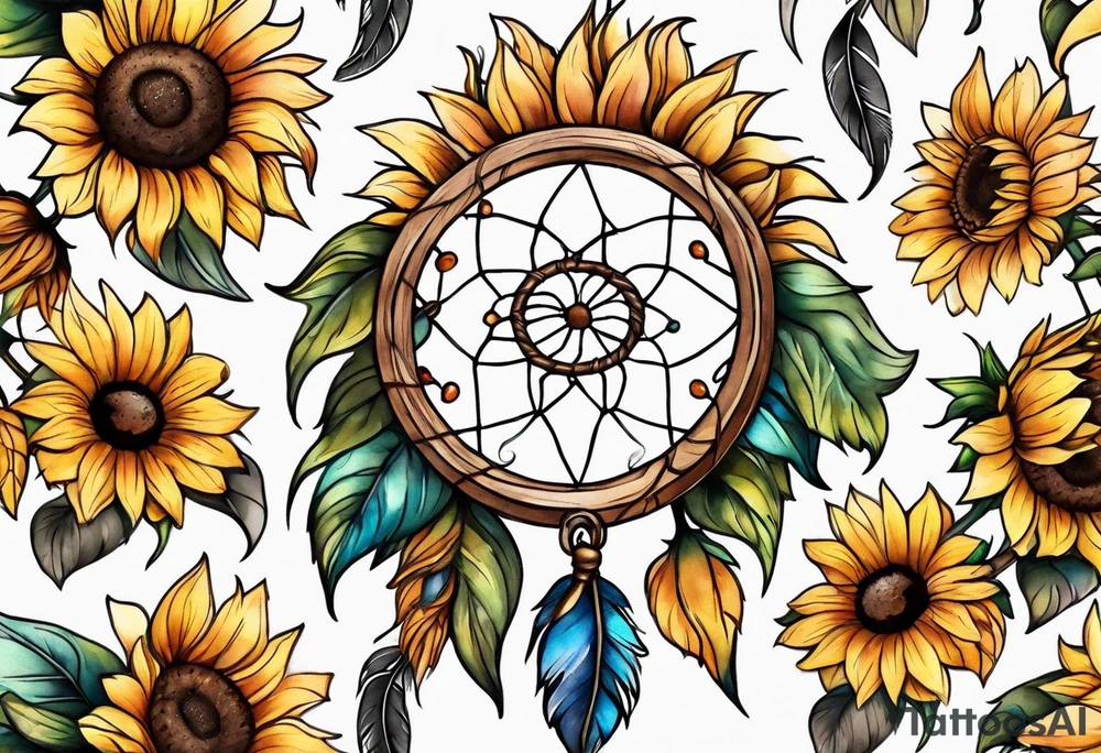 Dreamcatcher and sunflowers forearm sleeve tattoo idea