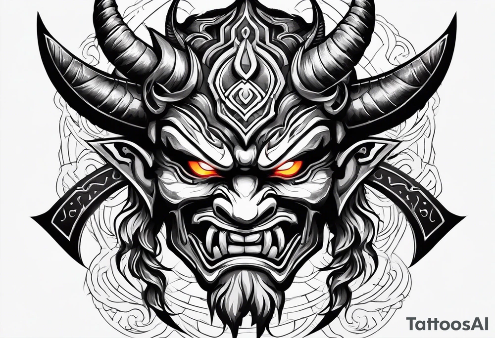 Oni mask with glowing eyes with two swords tattoo idea