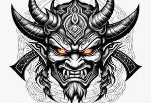 Oni mask with glowing eyes with two swords tattoo idea