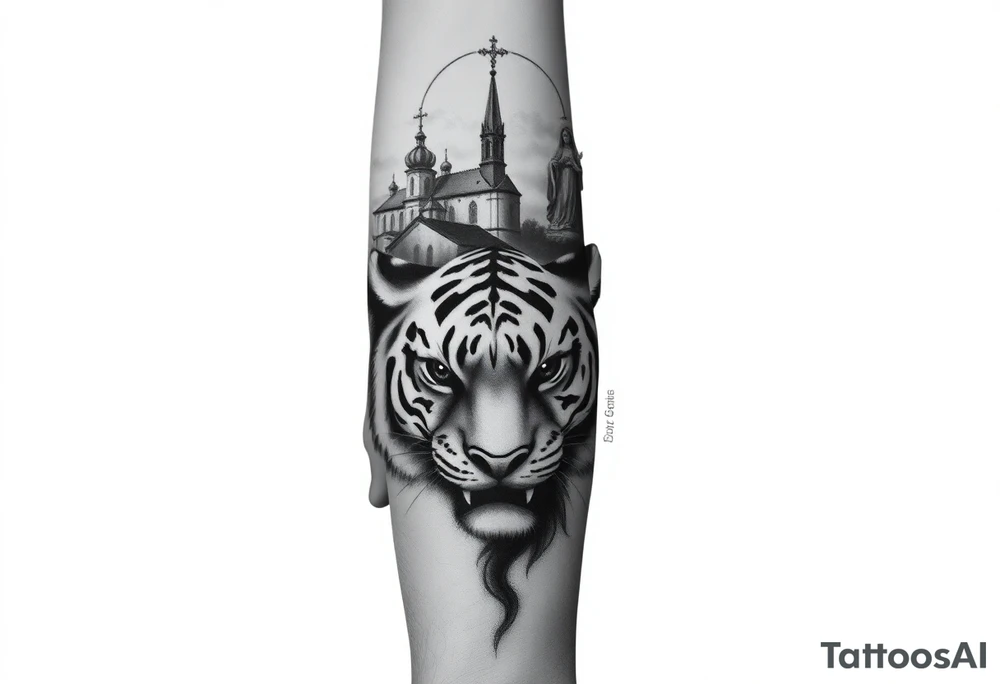 in a dorsal view of the hand and forearm a tiger face on the hand with black hollowed eyes, then above this a orthodox church shrouded with a mist and fading into a virgin mary overlooking tattoo idea