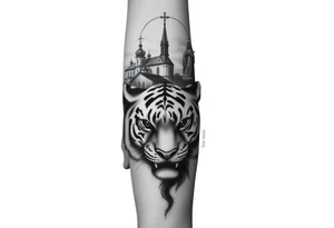 in a dorsal view of the hand and forearm a tiger face on the hand with black hollowed eyes, then above this a orthodox church shrouded with a mist and fading into a virgin mary overlooking tattoo idea