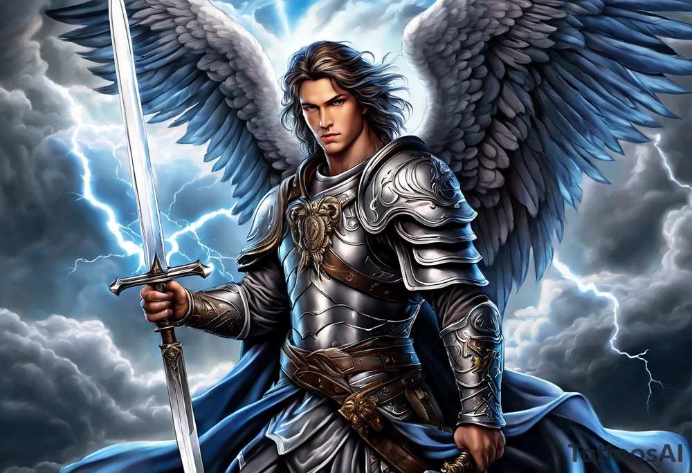 Michael the Archangel holding sword with clouds and lightning in background. tattoo idea