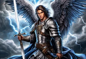 Michael the Archangel holding sword with clouds and lightning in background. tattoo idea