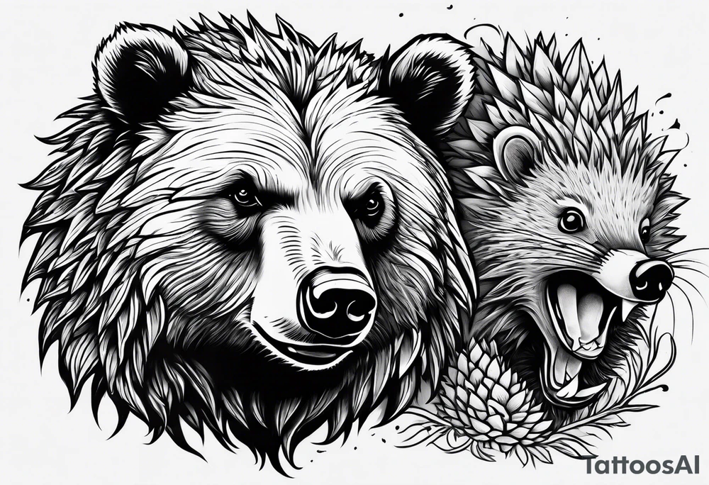 a growling bear and a hedgehog together. tattoo idea