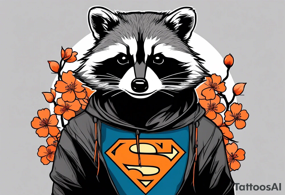 Raccoon wearing a white Superman logo on a black hoodie and orange Japanese cherry blossoms tattoo idea