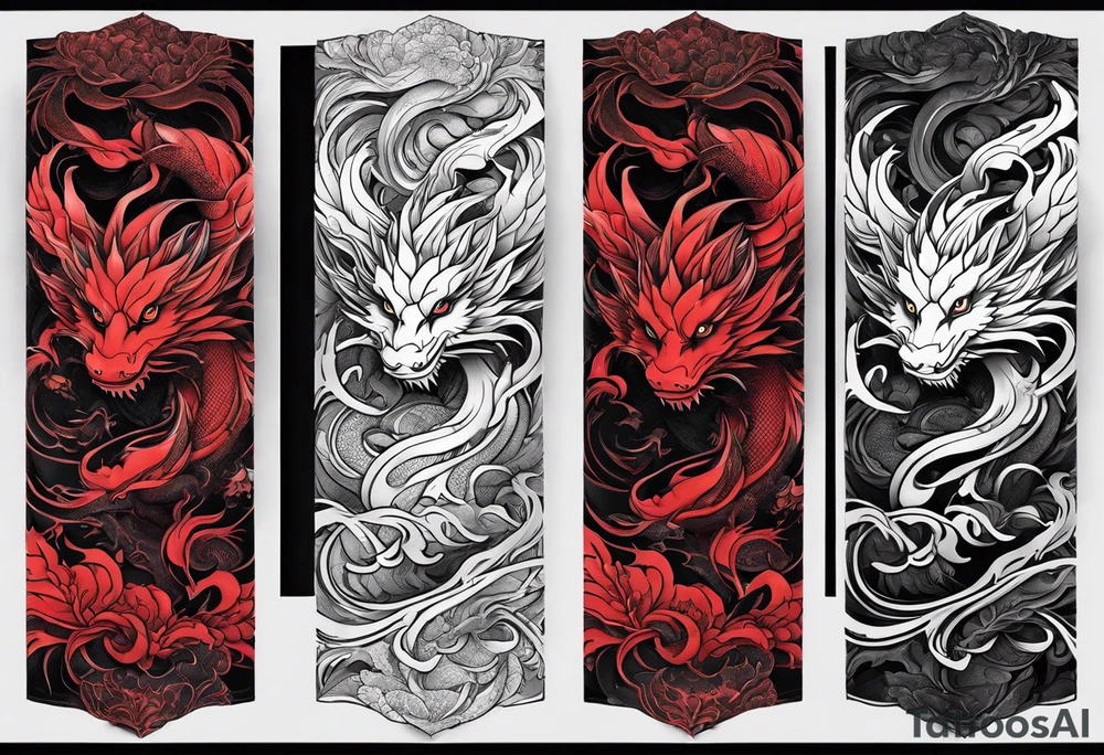 dragon irezumi arm sleeve in black and red tattoo idea