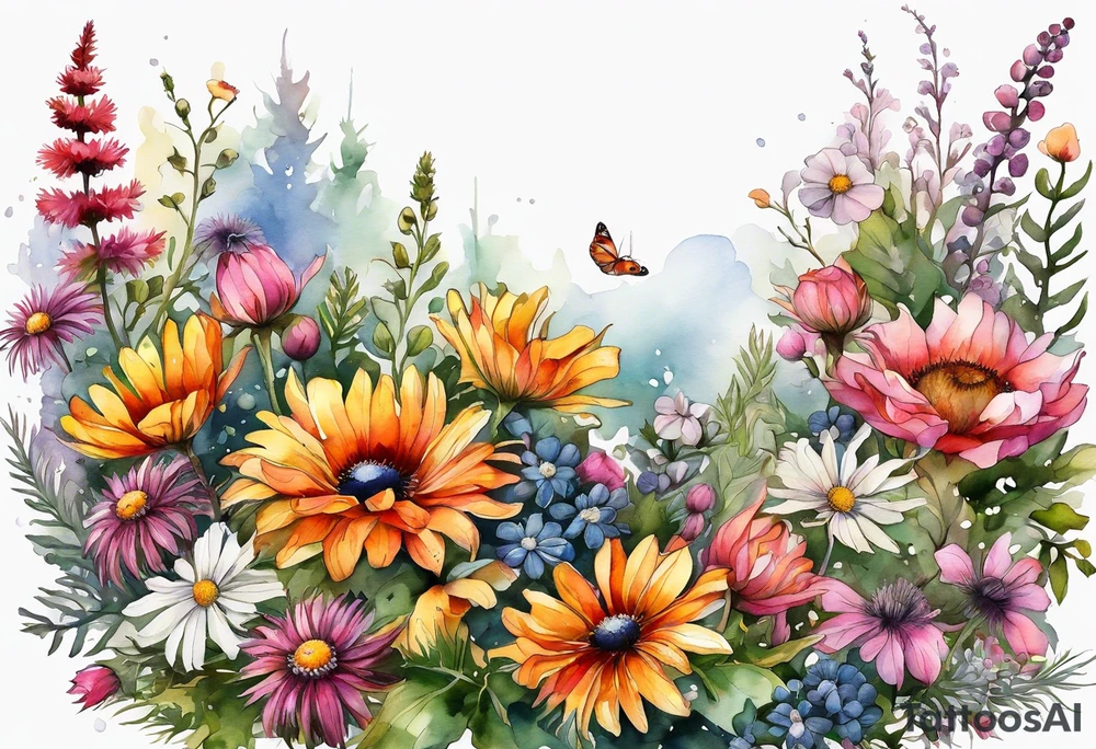wildflowers cascading with thistles, ferns, white anemones, sun flowers, orange flowers, pink flowers, red flowers, babys breath and daisies all in watercolor tattoo idea
