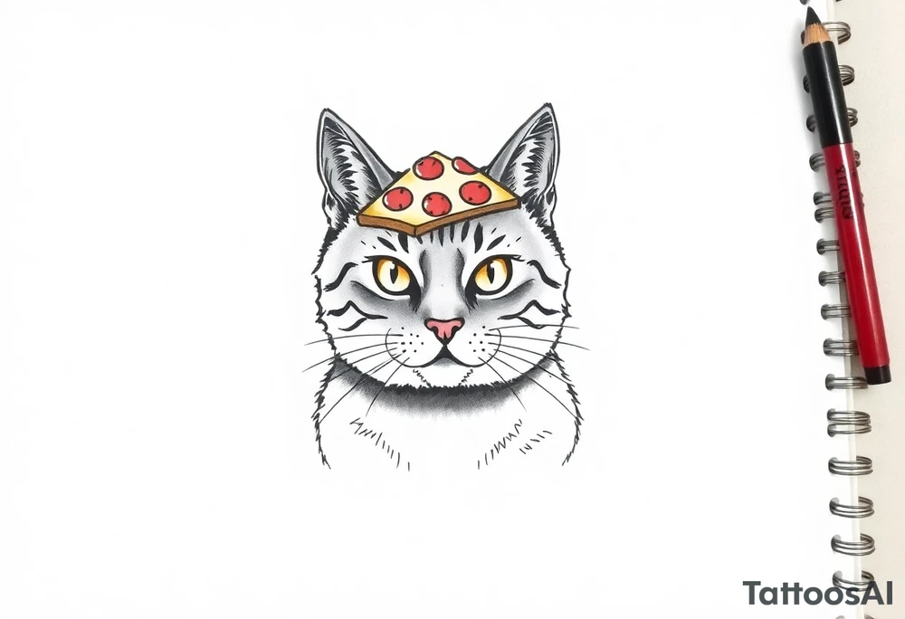 fat grey tabby cat portrait with chessy pizza slice on its head tattoo idea