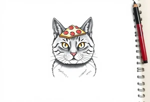 fat grey tabby cat portrait with chessy pizza slice on its head tattoo idea