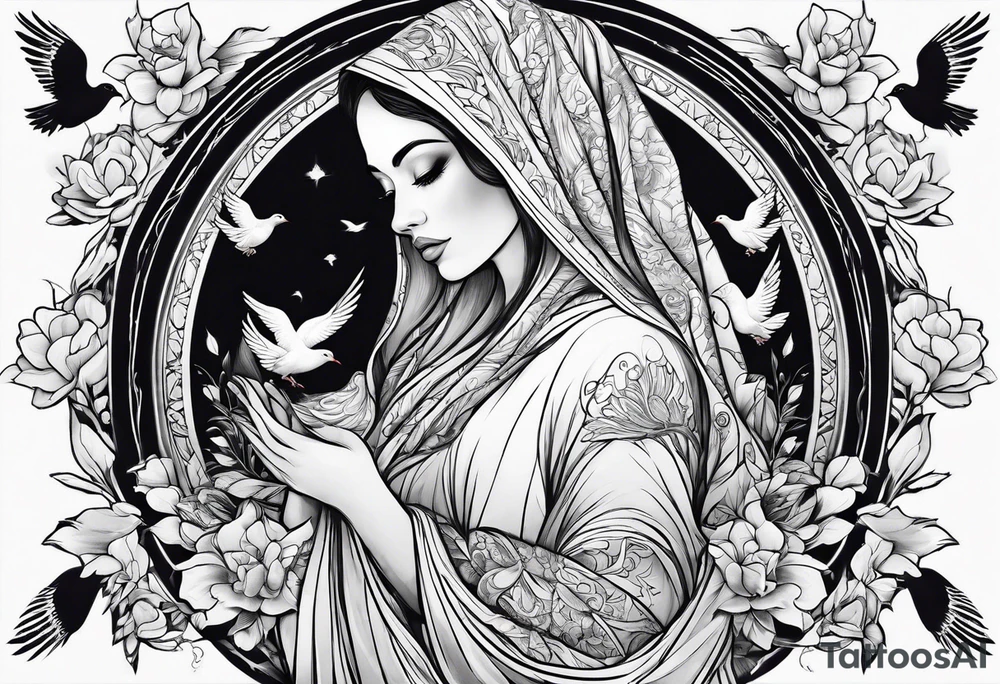 Praying woman in cloak with doves full sleeve tattoo idea