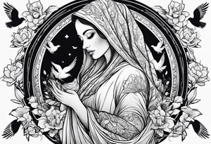 Praying woman in cloak with doves full sleeve tattoo idea