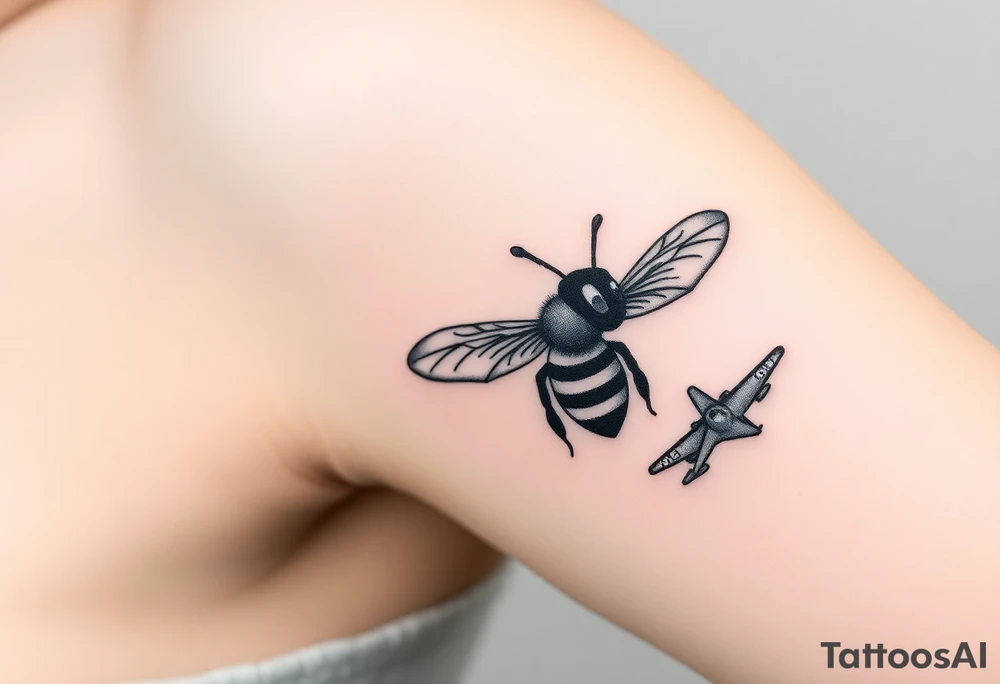 bee with a pilots hat flying next to a jet plane tattoo idea